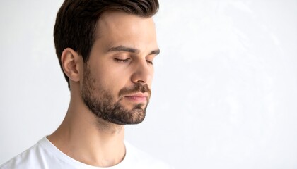 Close-up portrait of a young man with his eyes closed, appearing calm and serene against a plain white background