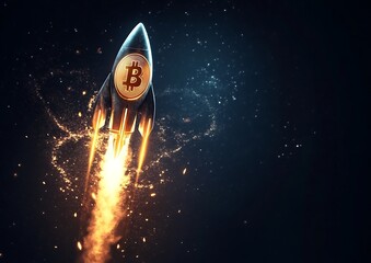 Bitcoin Rocket Launching into Space with Fiery Thrusters – Symbol of Cryptocurrency Growth and Digital Finance Explosion