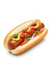 Hot Dog Sausage in Soft Bun with Mustard Ketchup and Vegetables on White Background