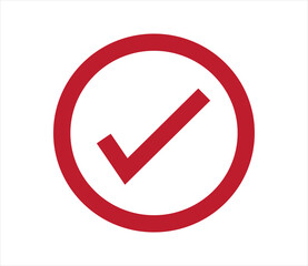 Red check mark icon in circular border on white background, clean minimal design for warning, approval , status symbols, or graphic sign icons.