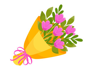 A charming bouquet of pink flowers wrapped in bright yellow paper and tied with a pink ribbon, for birthday and festive designs.
