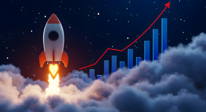 Pixel Rocket Launching from Clouds with Upward Graph and Stars on Navy Background