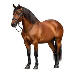 Obraz premium A stunning brown horse with a bridle stands proudly, isolated on a transparent background, its muscular build highlighted in the studio