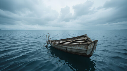Fototapeta premium Empty, weathered rowboat floats in vast, calm sea under cloudy sky