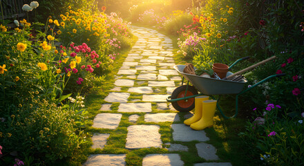 Beautiful Flower Garden Path with Wheelbarrow and Boots