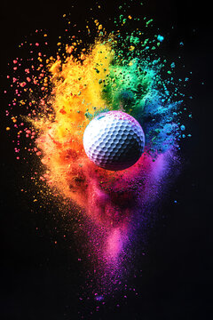 Vibrant explosion of colored powder surrounding a golf ball against a black background