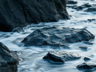 Close-Up View of Rocks Surrounded by Gentle Waves Creating a Soft, Flowing Effect in a Serene Seascape