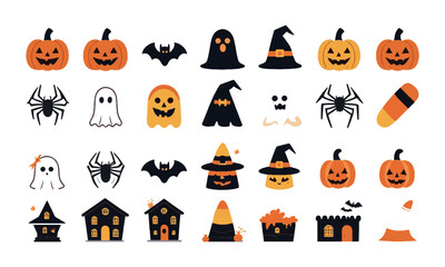 Modern vector illustrator icons represent Halloween-related items. The icons represent Halloween-related items, such as pumpkins, ghosts, witches, bats, skulls, and haunted houses, easily editable.