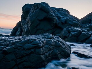 Close-Up View of Dark, Textured Rocks with Gentle Waves Lapping at Their Base Under a Fading Twilight Sky