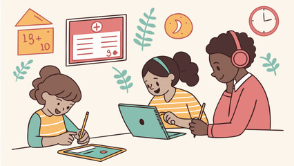 Illustration of kids learning together online study group homework help remote education homeschool resources