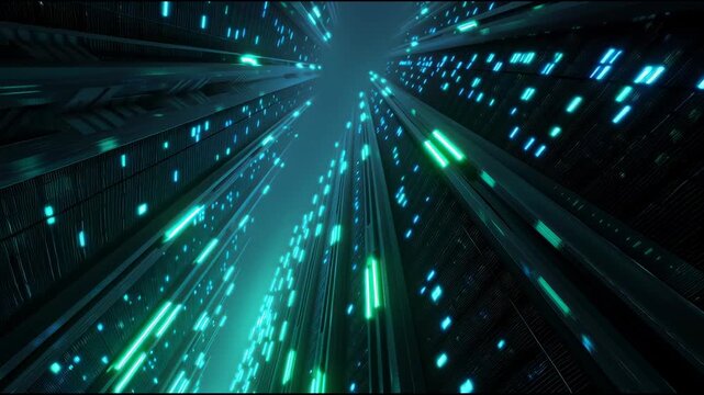 Low-angle view looking upward toward tall server cabinets, blinking LEDs forming vertical rhythm, cool futuristic lighting, photorealistic technology environment photography, blue and green neon tones