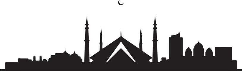 Islamabad Skyline Silhouette Faisal Mosque Margalla Hills Bold Capital City Vector in Black on White Background