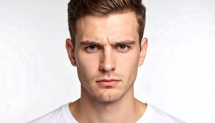 Close-up portrait of a young man with a serious expression, light-brown hair, and blue eyes
