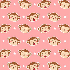 Monkey seamless pattern with stars and pink background. Cute happy monkey cartoon. Can be used for wallpaper, paper wrapping, fashion fabric, kid decoration