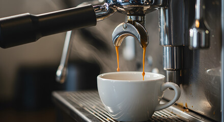 Steaming Espresso Machine Pouring Rich Brown Coffee into a White Mug in a Cafe Setting with Stainless Steel Elements