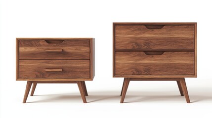 Two wooden bedside tables, one with two drawers, the other with one. Mid-century modern style.