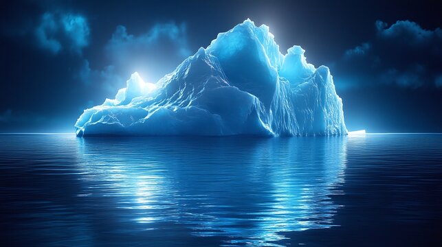 Illuminated iceberg at night on a calm sea.