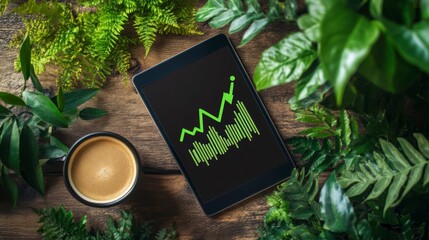 Tablet displaying upward green graph surrounded by lush greenery and coffee.