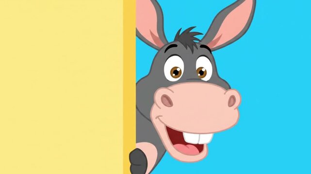 A charming cartoon donkey peeks out from behind a yellow wall with a big, friendly smile. This cute animal character illustration is set against a bright blue sky.