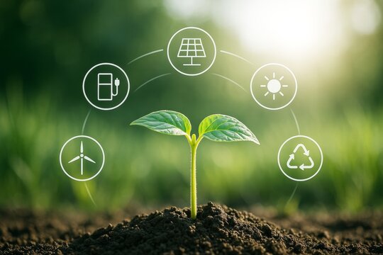 Sustainable energy concept with young plant and green icons representing solar, wind, recycling, and electric power sources on natural background.