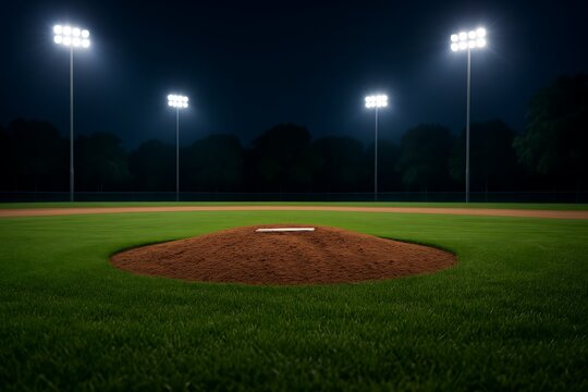 A vibrant baseball field glows under stadium lights at night, inviting anticipation and sporting excitement. - Powered by Adobe