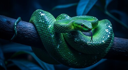 Fototapeta premium Stunning Green Pit Viper Coiled on a Dark Branch in a Lush Forest