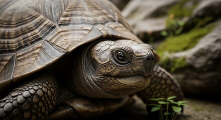 Obraz premium Close-up of a Giant Tortoise's Textured Shell and Ancient Face
