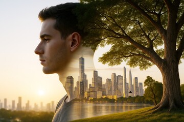 Double exposure of a thoughtful man blended with a glowing cityscape and nature at sunrise under a tree on a peaceful background. Ai generative.