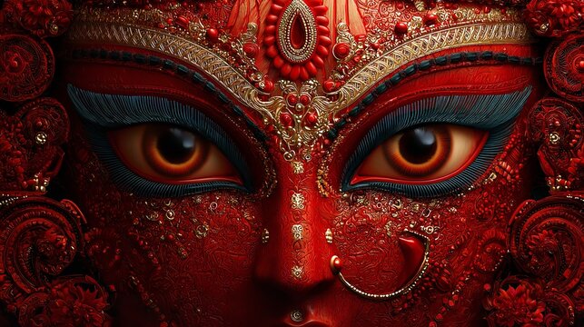 Red goddess kali hindu deity face eyes ornaments intricate details divine power spiritual art portrait