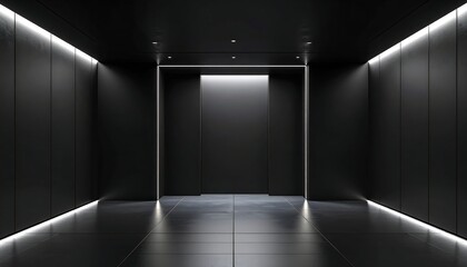 Dark, sleek hallway with minimalist design, illuminated by linear lighting