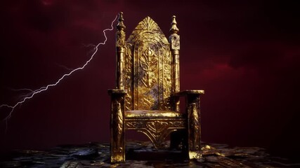 Majestic golden throne of power and royalty, set against a dramatic stormy red sky with a powerful bolt of lightning. - Powered by Adobe