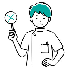 Simple illustration of a young male medical professional holding an incorrect tag.