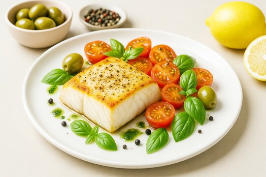 Grilled cod fish fillet with cherry tomatoes, green olives, basil leaves and pepper on white plate with bright background and fresh food concept. - Powered by Adobe