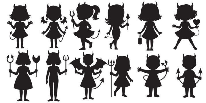 Collection of cute devil silhouettes in various poses and with different accessories for halloween theme