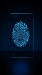 Glowing fingerprint on sleek glass screen under hacker-blue lighting, ultra-HD, dark gradient backdrop. Symbolic of digital access breach, perfect for cybersecurity visuals and tech articles.