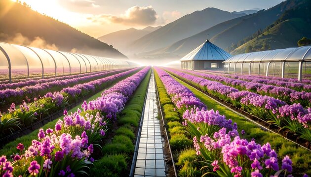 Purple Flowers Blooming in Greenhouse at Sunrise with Mountain View