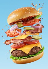 Exploding Burger with Red Tomato and Bacon Against Light Blue Background