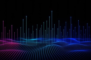 Futuristic digital wave background with glowing neon lines and light beams on black surface, representing abstract technology concept.