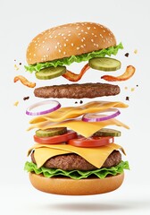 Deconstructed Burger with Flying Ingredients on Bright Background