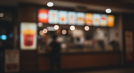Blurred Food Counter with Colorful Menu in Restaurant