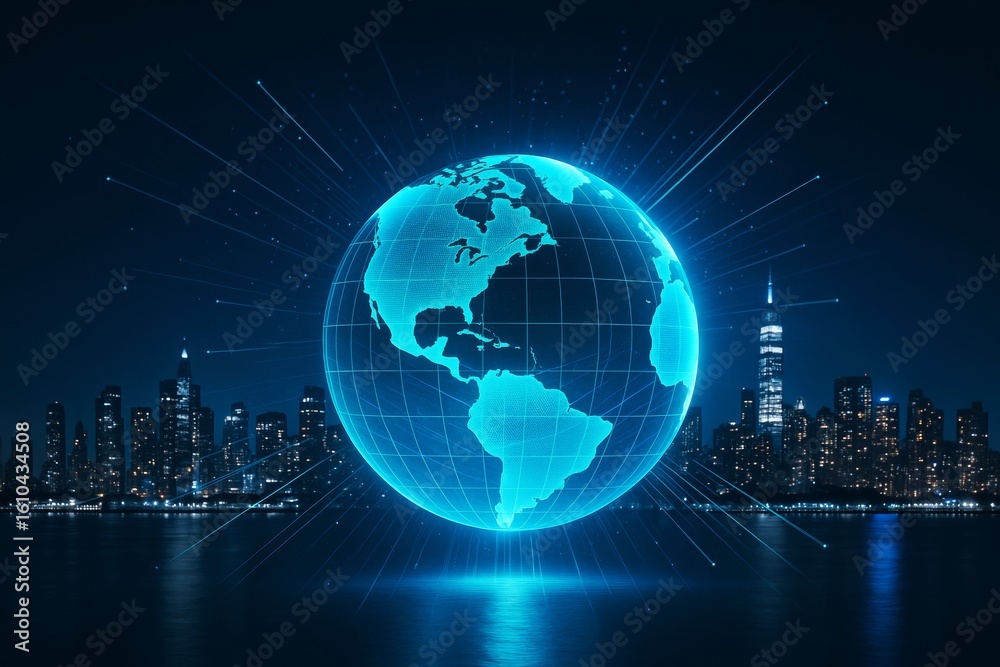 Wall mural digital glowing globe hologram hovering over water with illuminated city skyline in background at ni