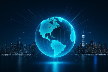Digital glowing globe hologram hovering over water with illuminated city skyline in background at night, representing global technology concept.