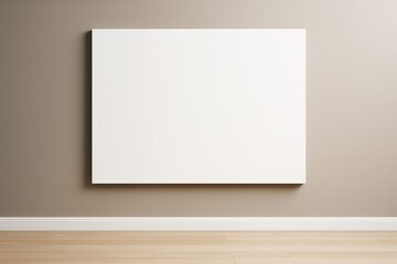 Blank white canvas mockup hanging on beige wall with wooden floor in room under soft lighting, ideal for design display or branding concept.
