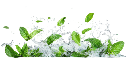 Title: Fresh Mint Leaves Splashing in Clear Water Isolated on White Background