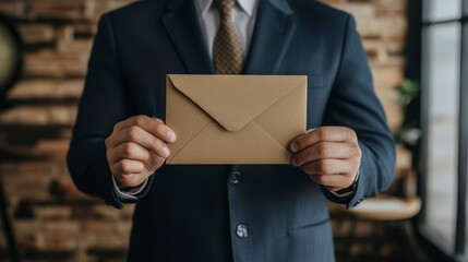 Close-up of a businessman in a suit holding a kraft envelope.