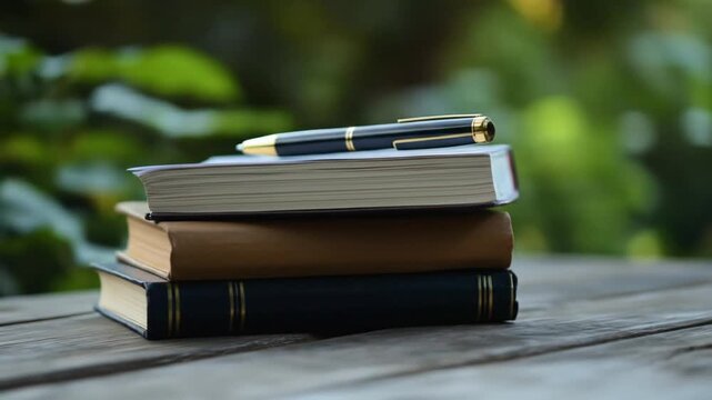 A stack of books with a pen on a rustic table amidst greenery.