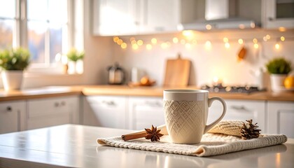Cozy kitchen scene with warm lighting, a mug of tea, and autumnal decorations on a table