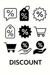 Discount Icons Collection – Shopping Cart and Percentage Tag Symbols in Line and Solid Style