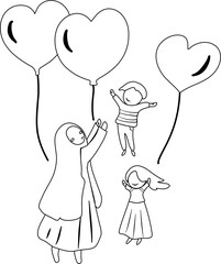 happy mother's day Illustration mom and kids coloring page