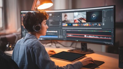 Focused female video editor working in her home office with modern technology